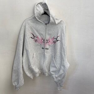 Gray Zip-Up Hoodie with Pink & Black Graphic